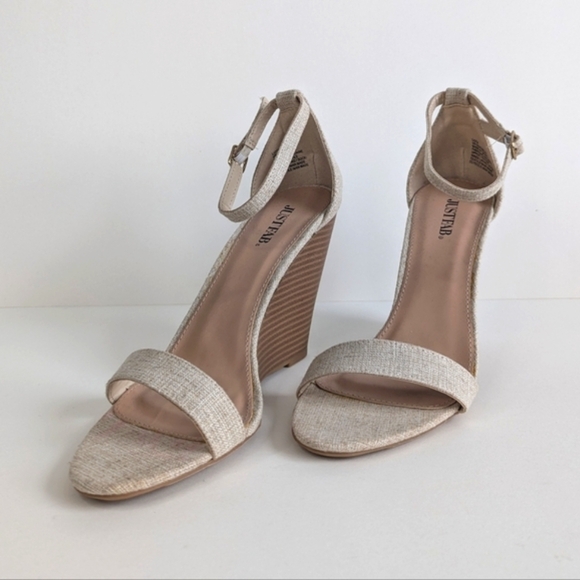 JustFab Liota Sandal Ankle Strap Stacked Heel Open Toe Linen Natural Beige sz 10 - Picture 4 of 12